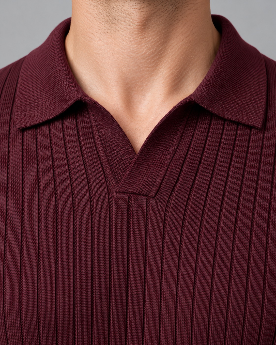 Men's Knitted Polo - Ribbed Open Collar V Neck Regular Fit