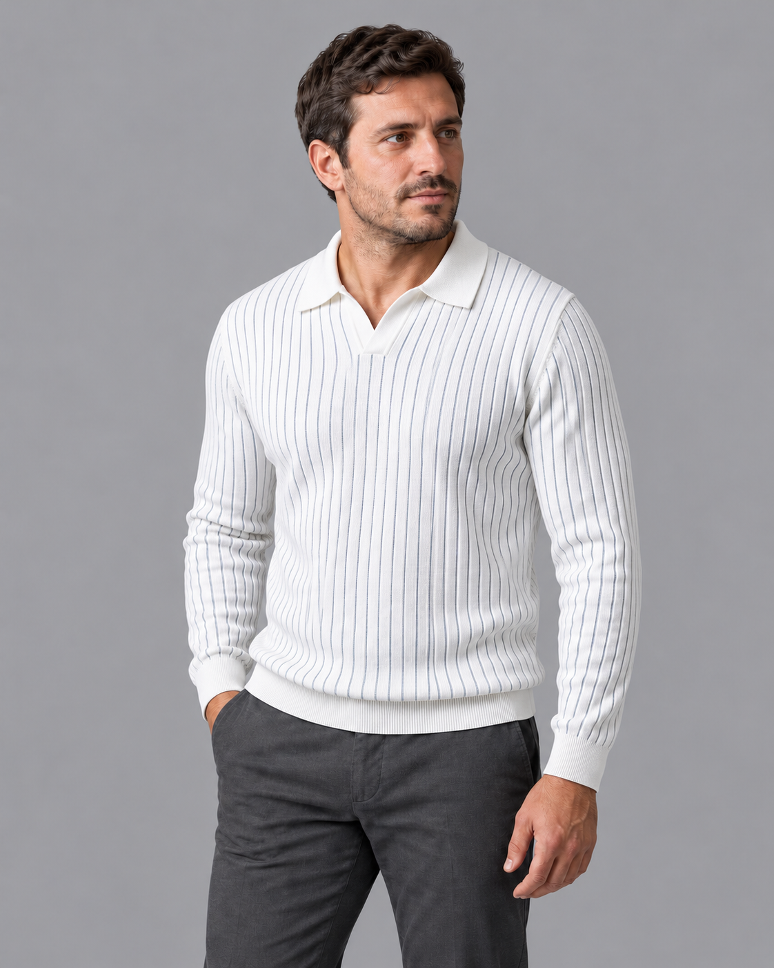 Men's Knitted Polo - Ribbed Open Collar V Neck Regular Fit