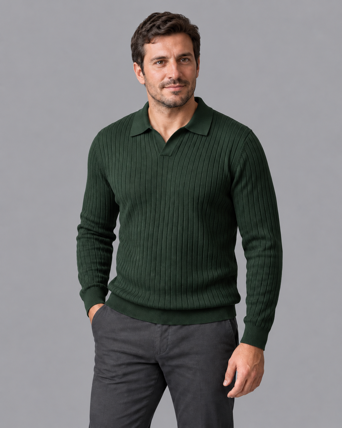 Men's Knitted Polo - Ribbed Open Collar V Neck Regular Fit