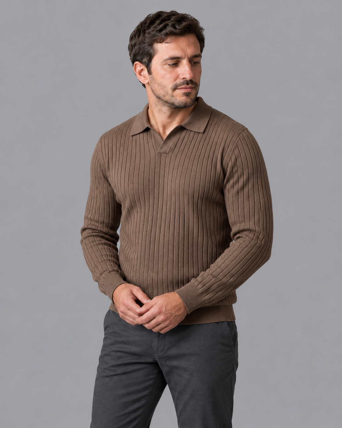 Men's Knitted Polo - Ribbed Open Collar V Neck Regular Fit