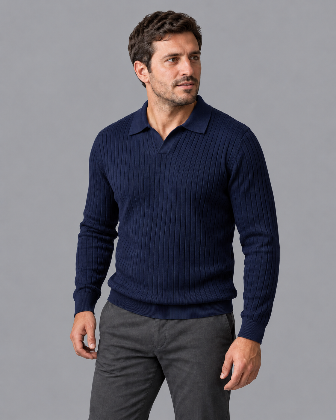 Men's Knitted Polo - Ribbed Open Collar V Neck Regular Fit