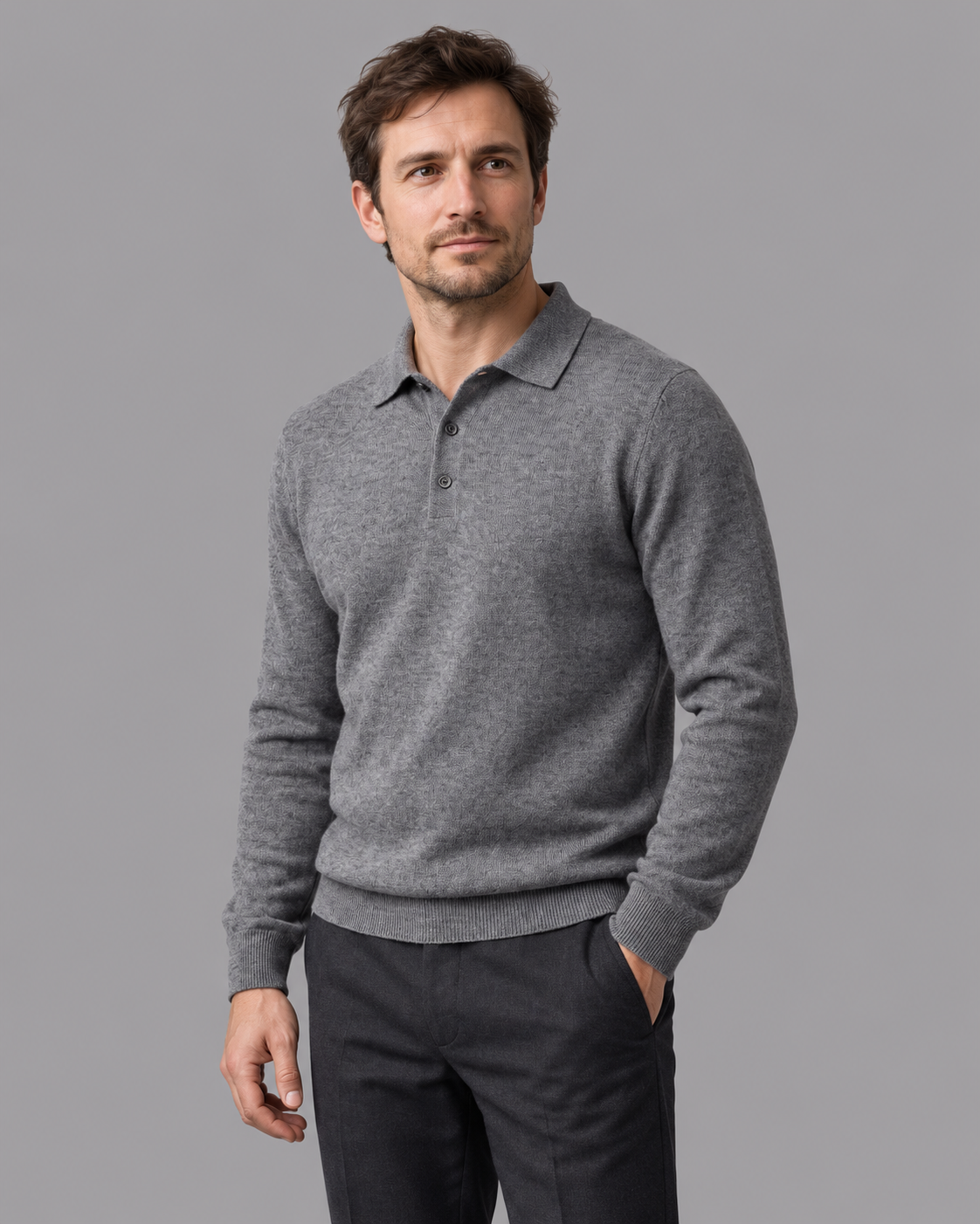 Men's Knitted Polo - Wool Button Placket Long Sleeve Regular Fit