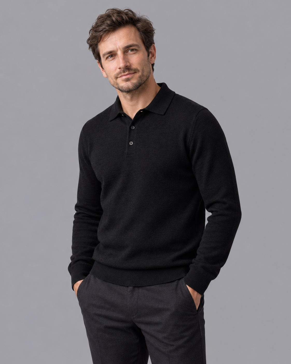 Men's Knitted Polo - Wool Button Placket Long Sleeve Regular Fit