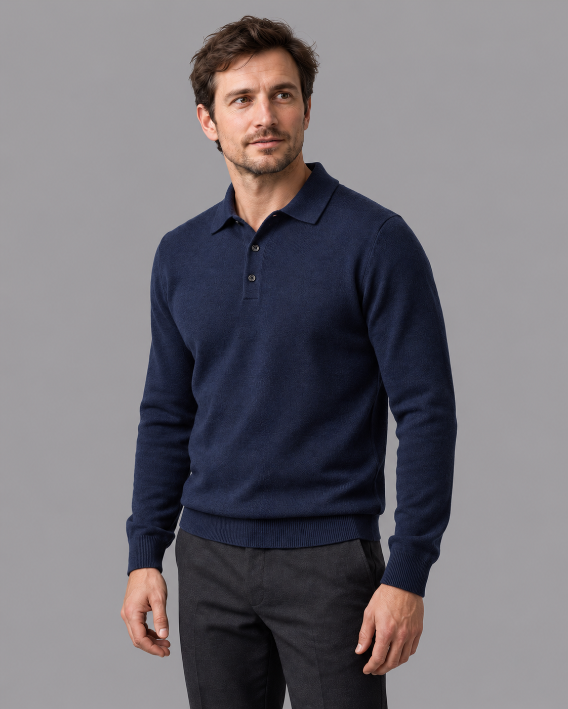 Men's Knitted Polo - Wool Button Placket Long Sleeve Regular Fit