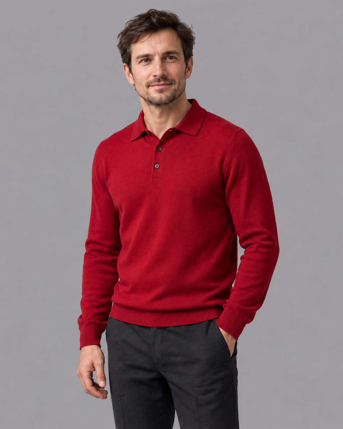 Men's Knitted Polo - Wool Button Placket Long Sleeve Regular Fit