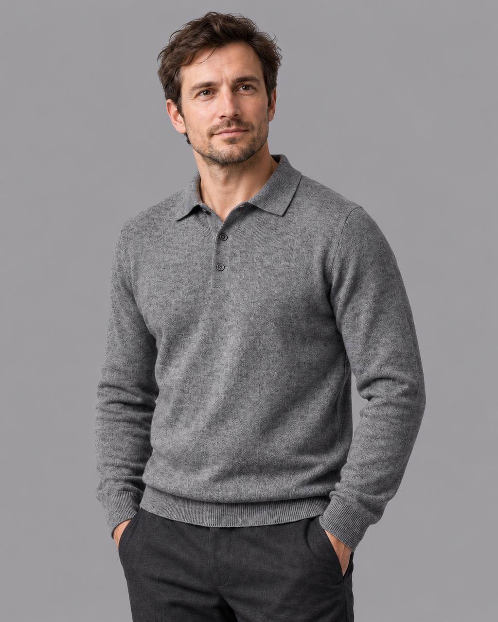 Men's Knitted Polo - Wool Button Placket Long Sleeve Regular Fit