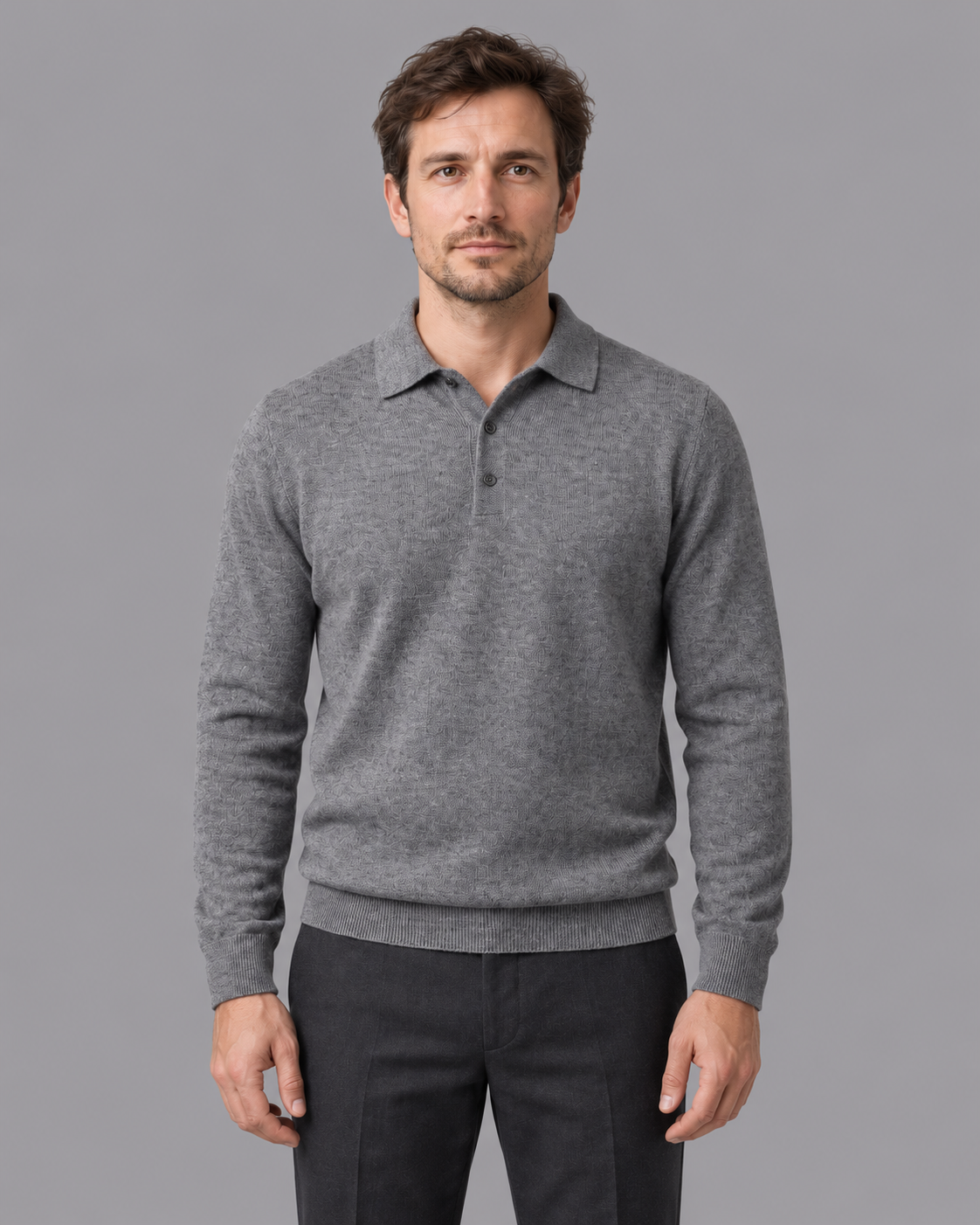 Men's Knitted Polo - Wool Button Placket Long Sleeve Regular Fit