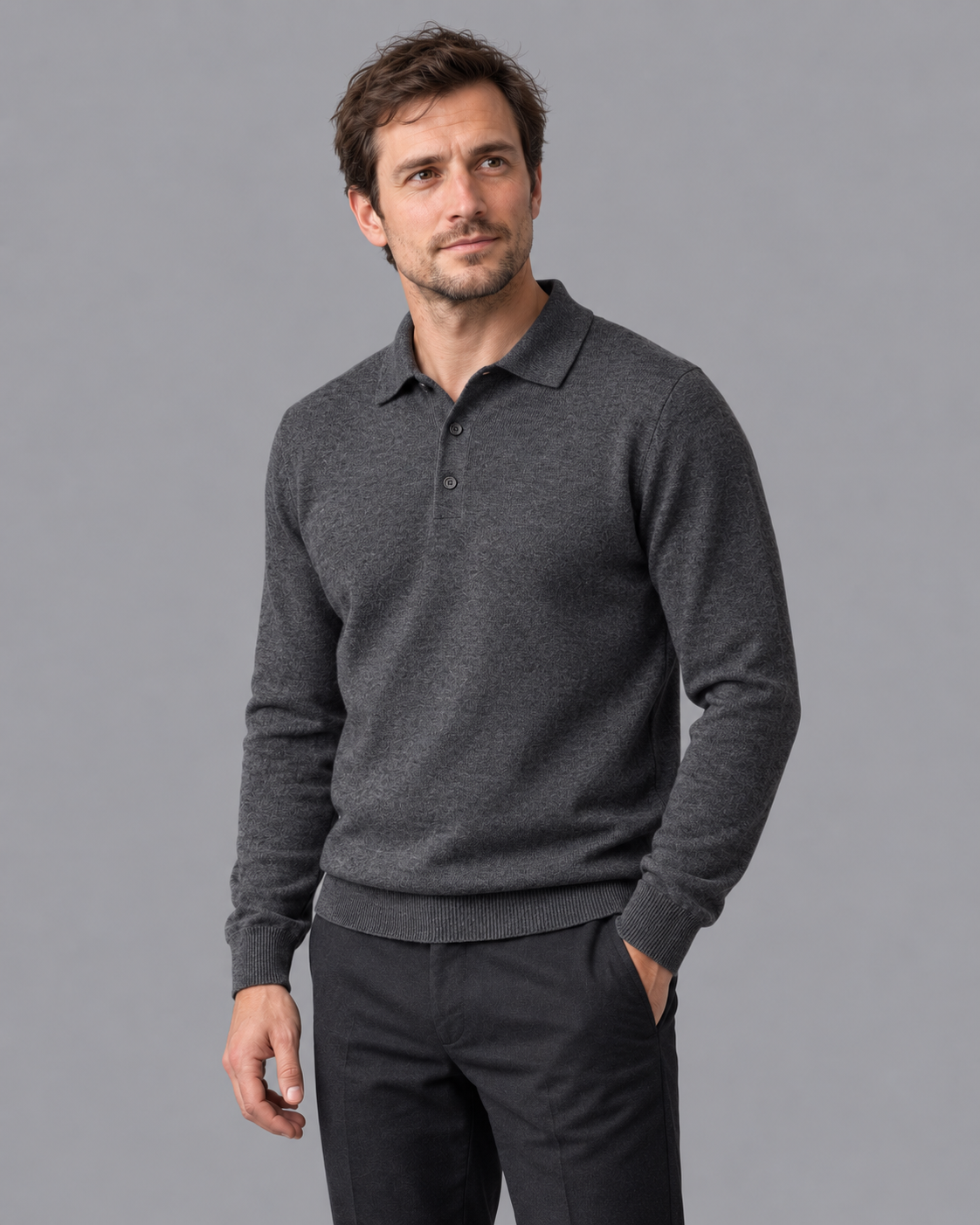 Men's Knitted Polo - Wool Button Placket Long Sleeve Regular Fit