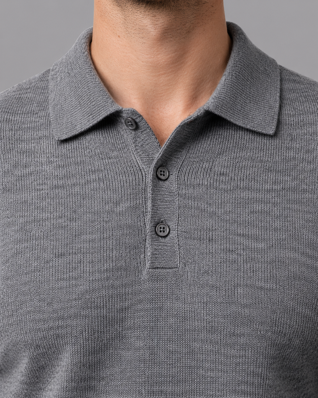 Men's Knitted Polo - Wool Button Placket Long Sleeve Regular Fit