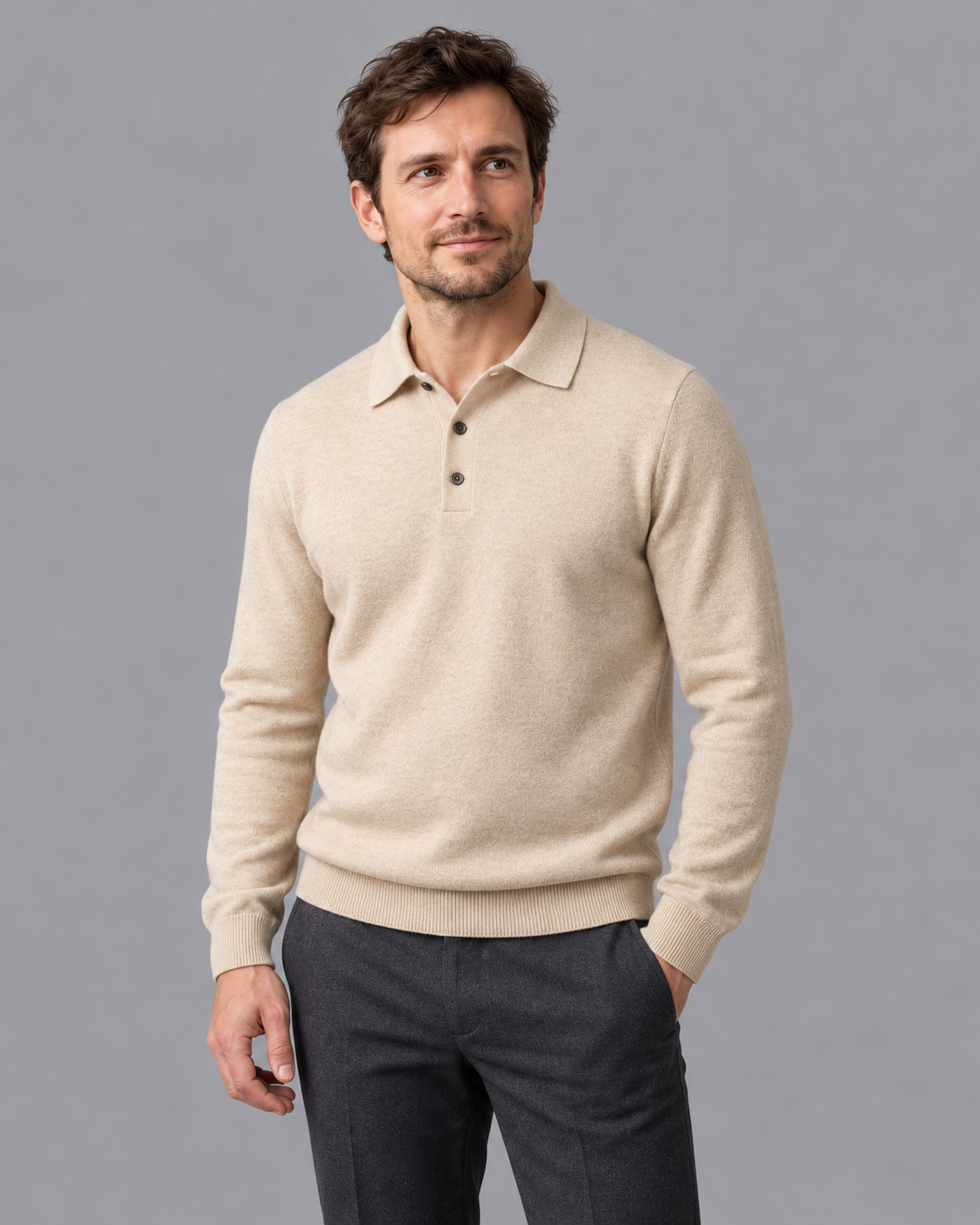 Men's Knitted Polo - Wool Button Placket Long Sleeve Regular Fit