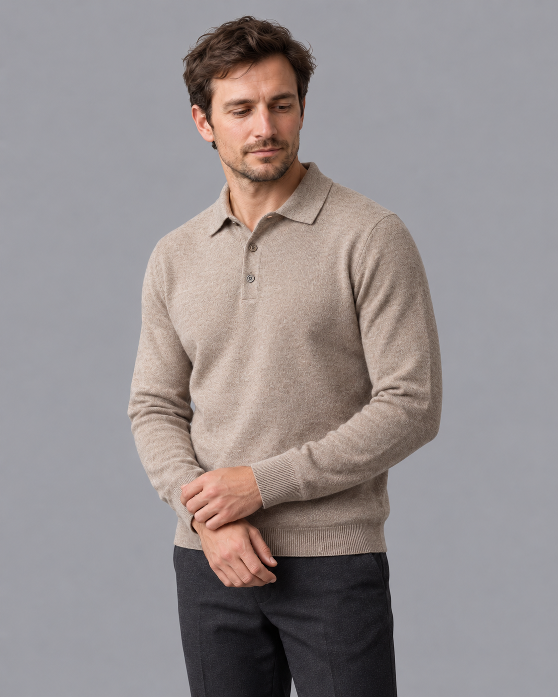 Men's Knitted Polo - Wool Button Placket Long Sleeve Regular Fit