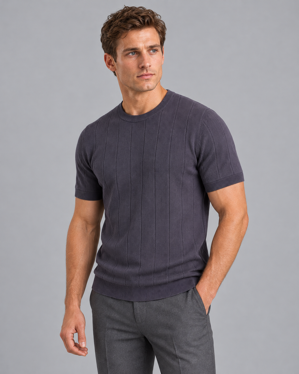 Men's Knitted T Shirt - Fine Knit Crew Neck Short Sleeve Regular Fit