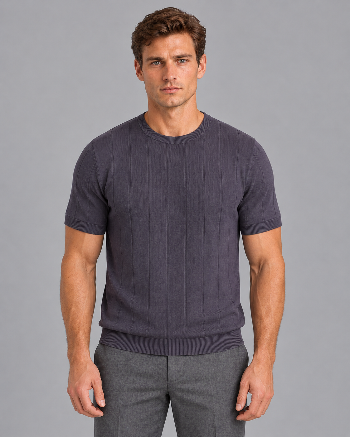 Men's Knitted T Shirt - Fine Knit Crew Neck Short Sleeve Regular Fit
