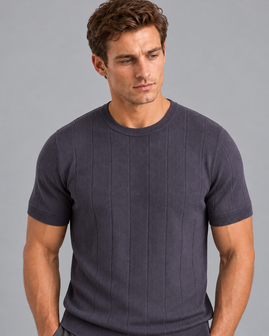 Men's Knitted T Shirt - Fine Knit Crew Neck Short Sleeve Regular Fit