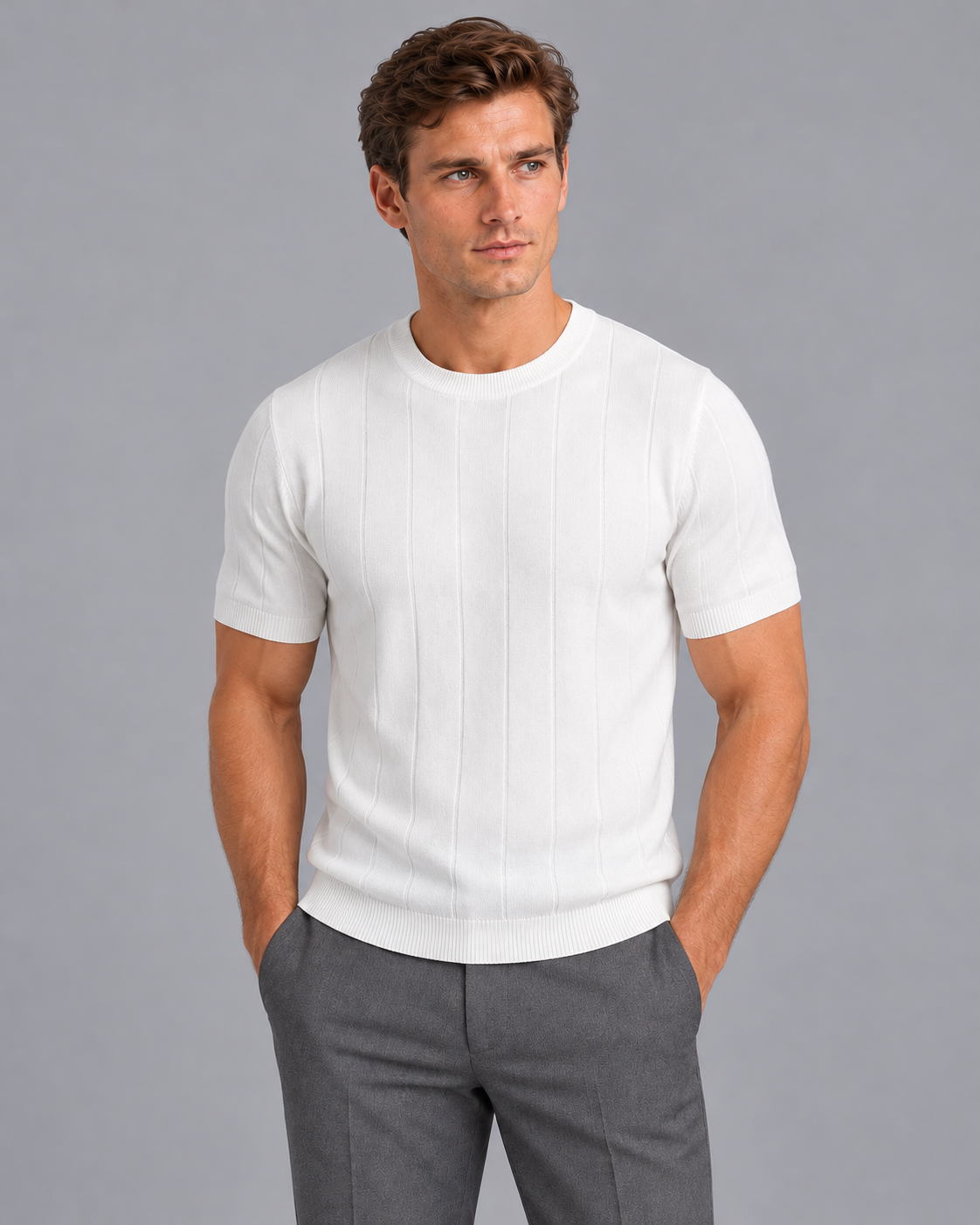 Men's Knitted T Shirt - Fine Knit Crew Neck Short Sleeve Regular Fit