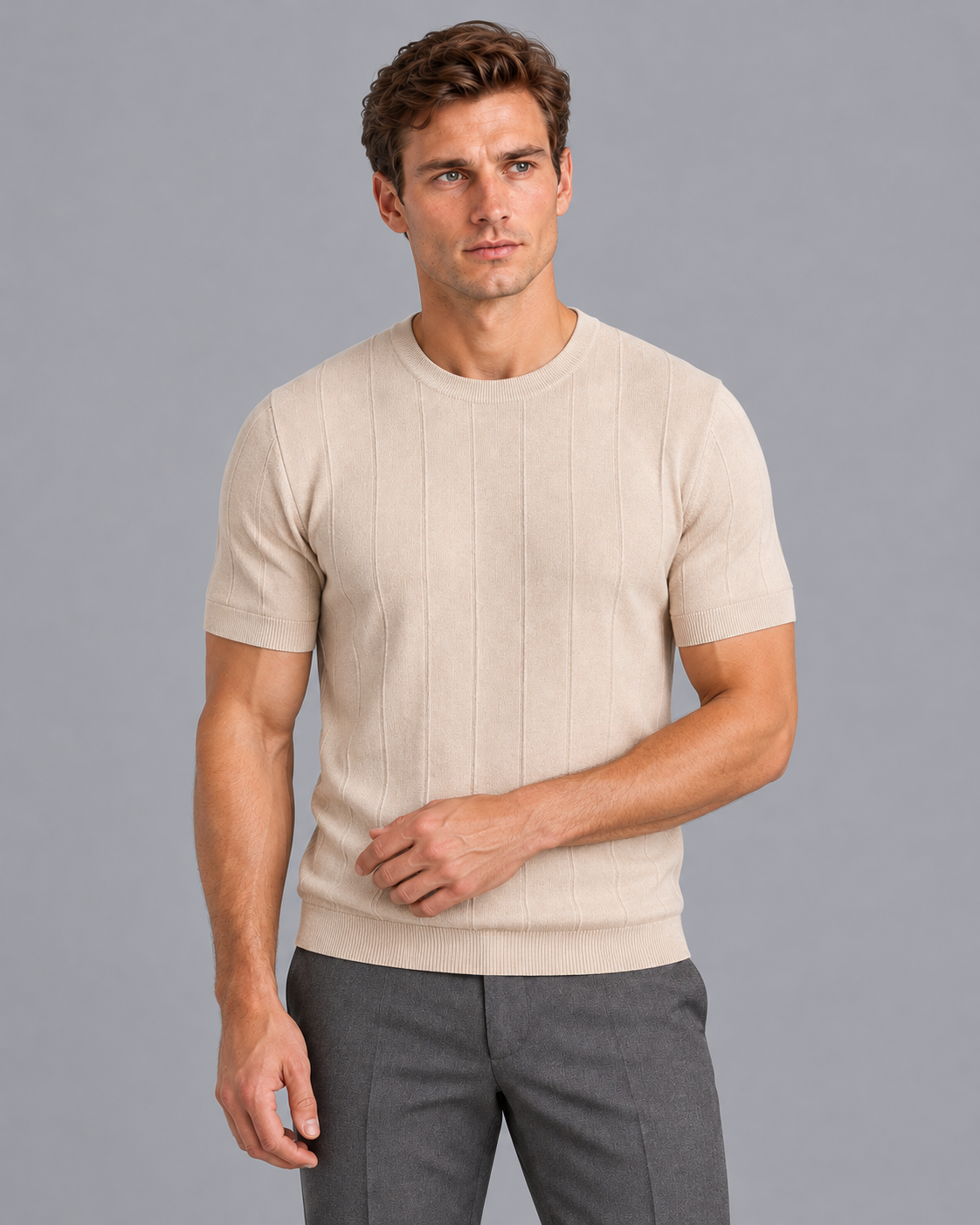 Men's Knitted T Shirt - Fine Knit Crew Neck Short Sleeve Regular Fit