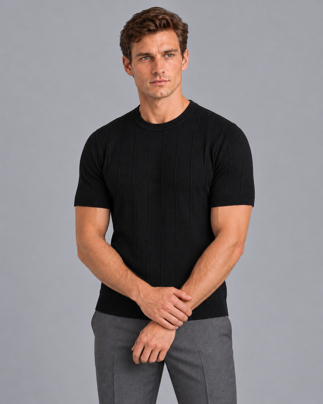 Men's Knitted T Shirt - Fine Knit Crew Neck Short Sleeve Regular Fit