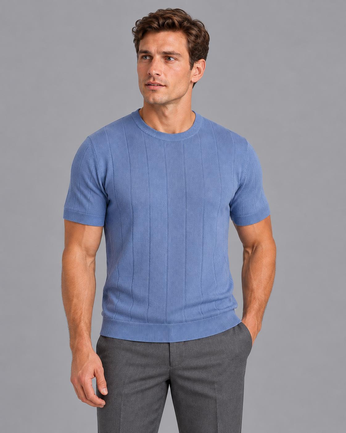 Men's Knitted T Shirt - Fine Knit Crew Neck Short Sleeve Regular Fit