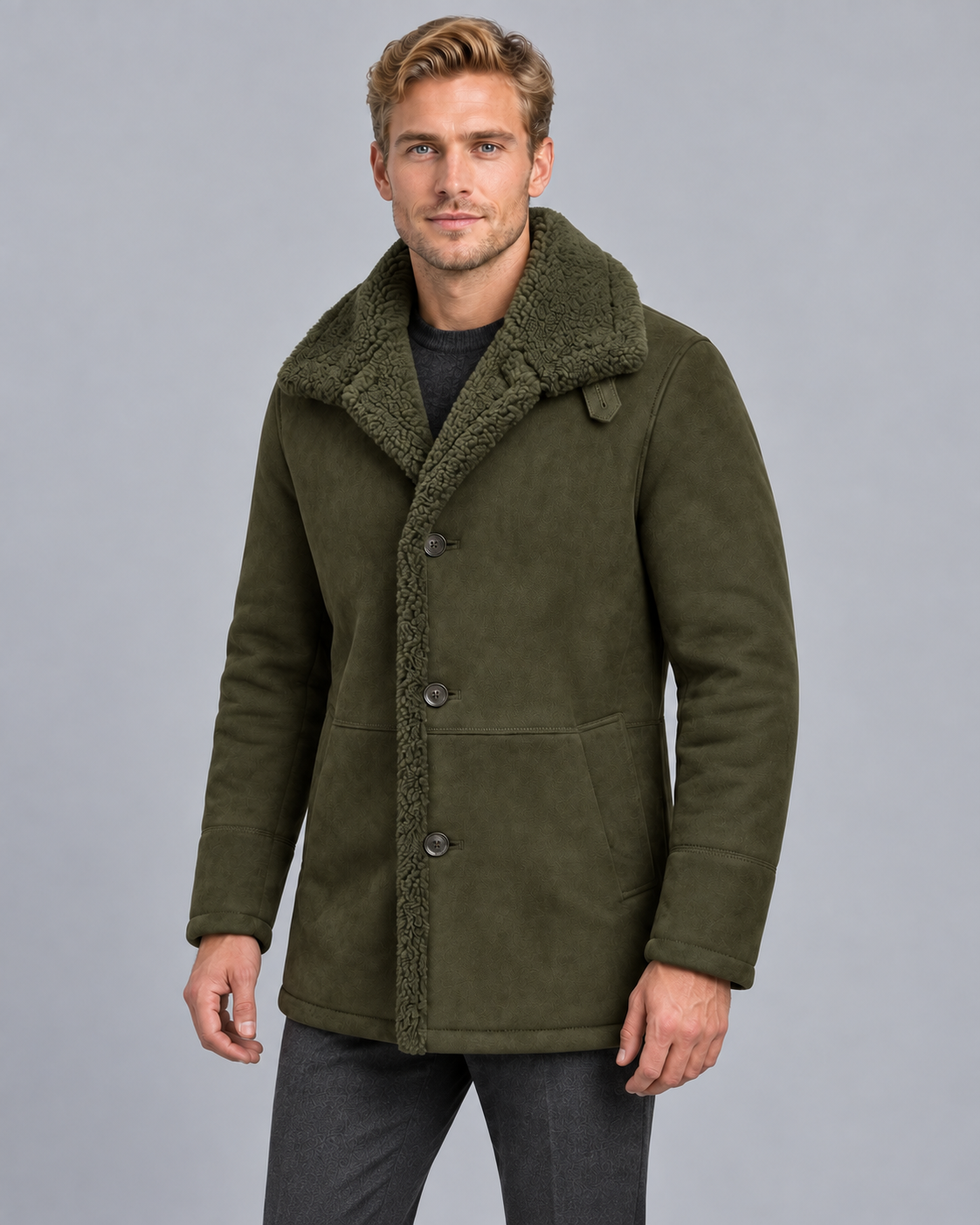 Men's Long Coat - Plush Lined Wide Collar Winter Overcoat