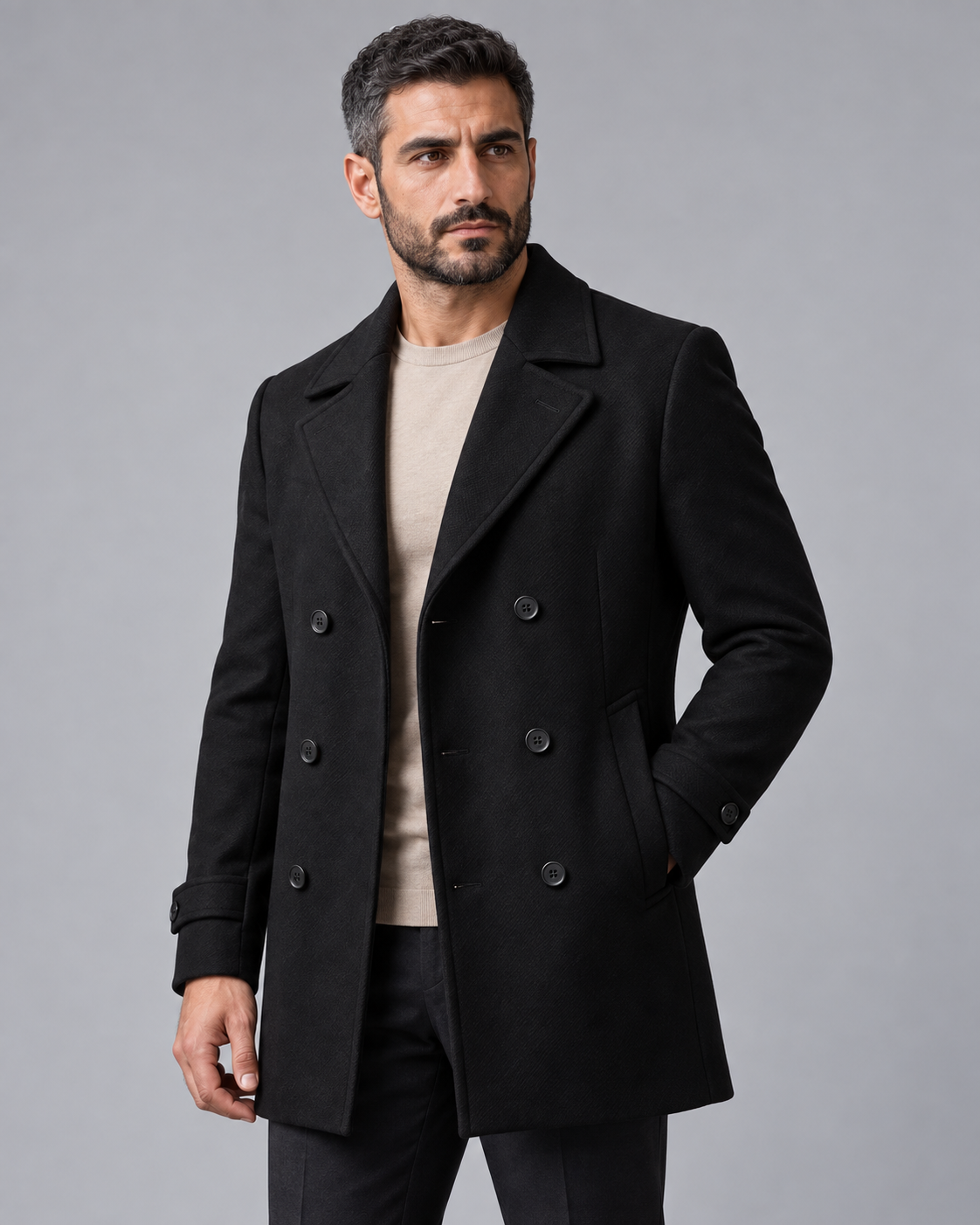 Men's Overcoat - Double Breasted Notch Lapel Quilted Lining Winter