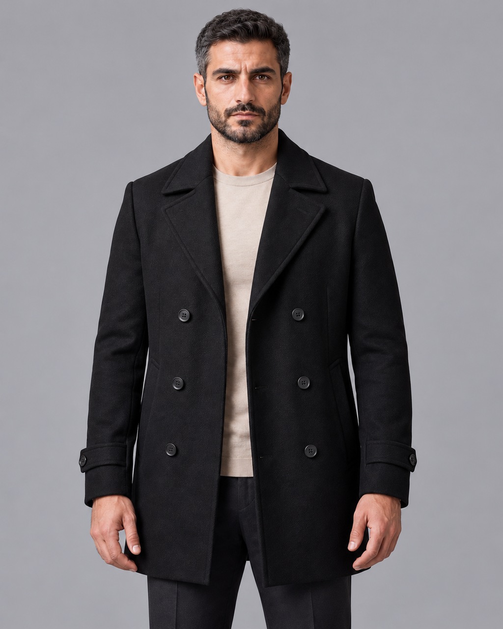 Men's Overcoat - Double Breasted Notch Lapel Quilted Lining Winter