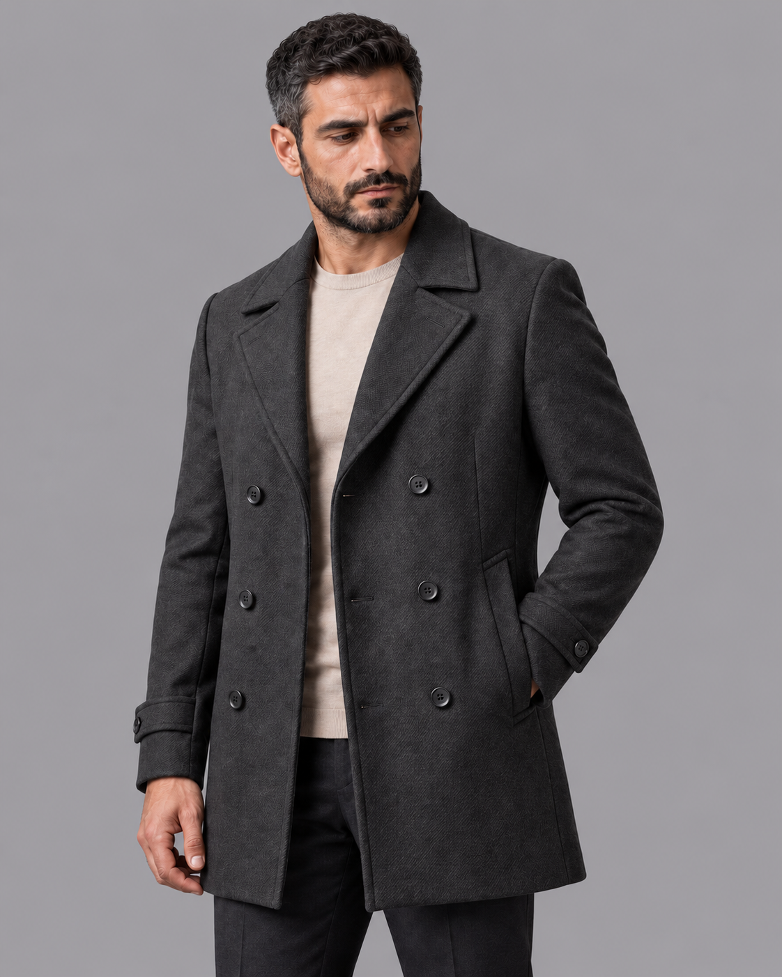 Men's Overcoat - Double Breasted Notch Lapel Quilted Lining Winter