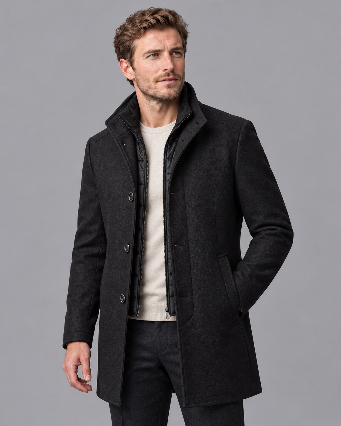 Men's Overcoat - Stand Collar Detachable Quilted Gilet Winter Coat