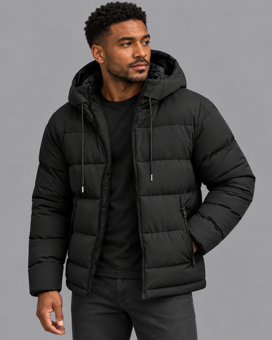 Men's Padded Puffer Jacket - Hooded Full Zip Hip Length Winter Coat