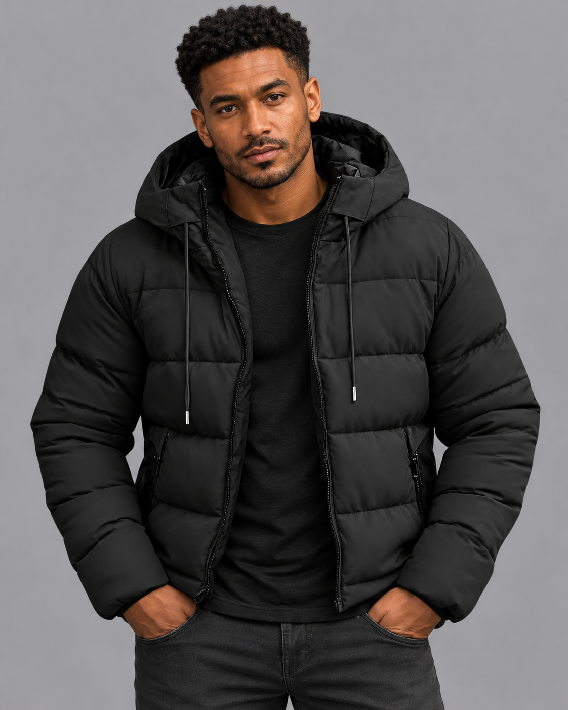 Men's Padded Puffer Jacket - Hooded Full Zip Hip Length Winter Coat