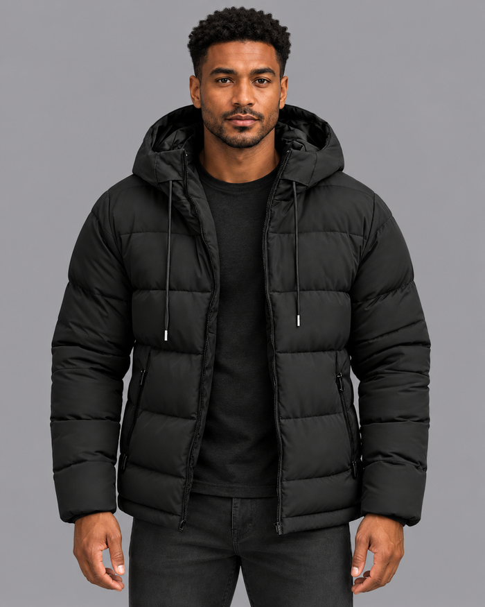 Men's Padded Puffer Jacket - Hooded Full Zip Hip Length Winter Coat