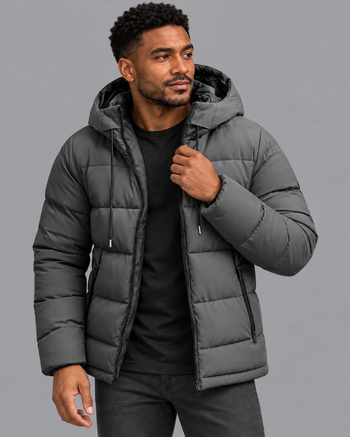 Men's Padded Puffer Jacket - Hooded Full Zip Hip Length Winter Coat