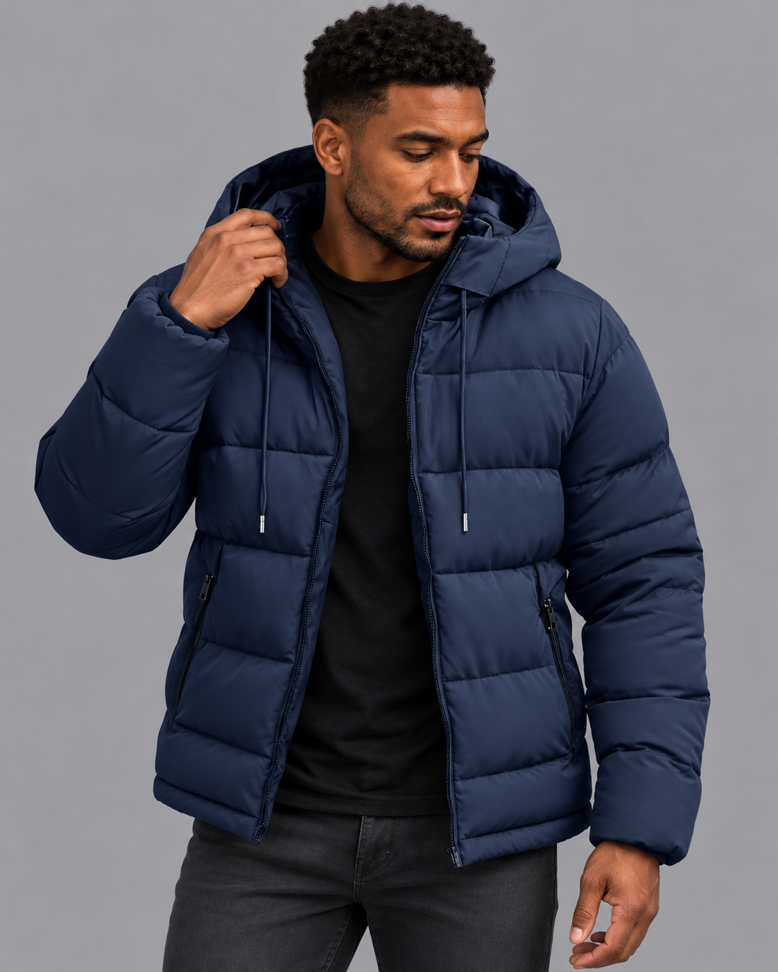 Men's Padded Puffer Jacket - Hooded Full Zip Hip Length Winter Coat