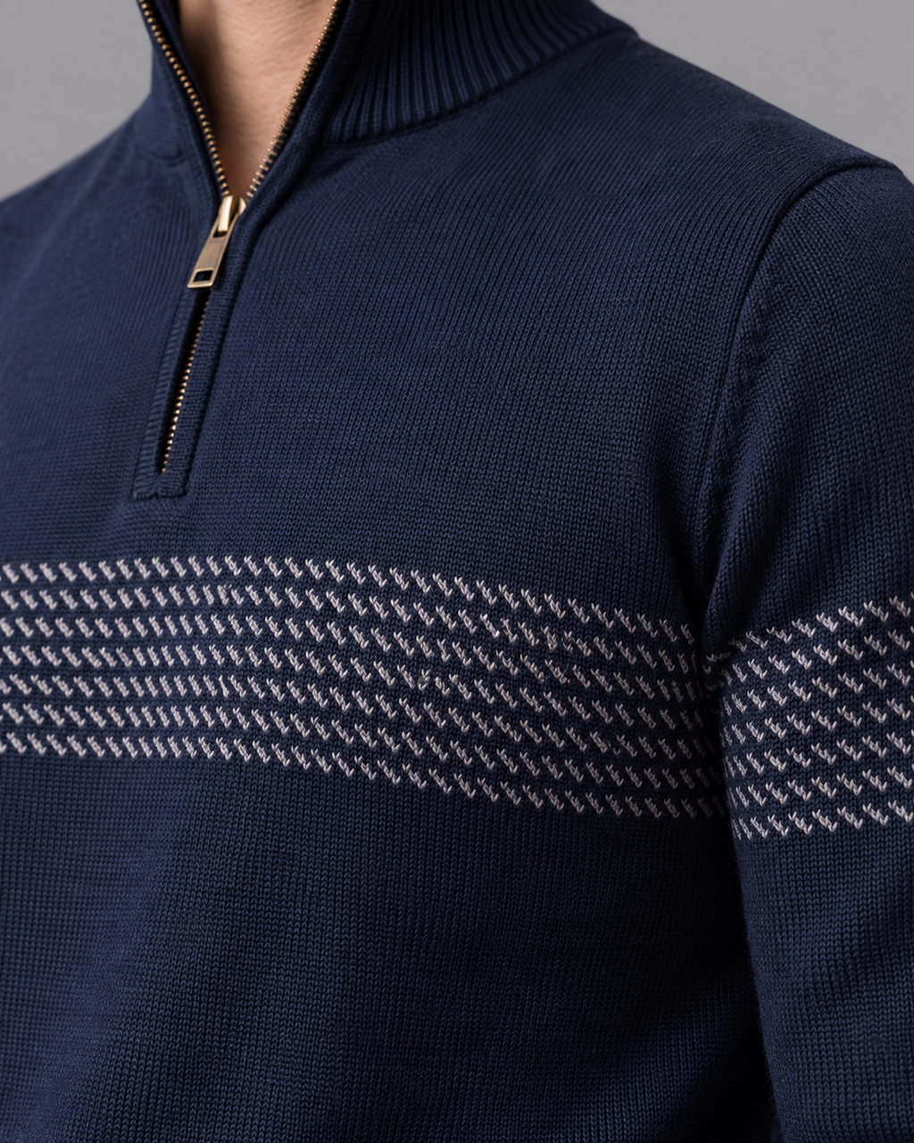 Men's Quarter Zip Jumper - Chevron Stripe Stand Collar Regular Fit