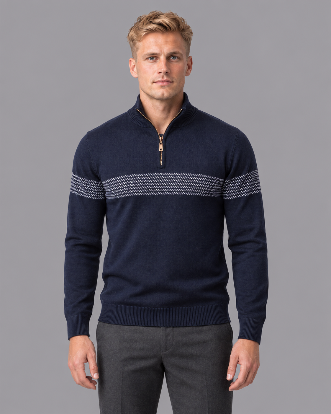 Men's Quarter Zip Jumper - Chevron Stripe Stand Collar Regular Fit
