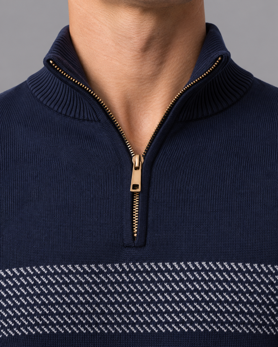 Men's Quarter Zip Jumper - Chevron Stripe Stand Collar Regular Fit