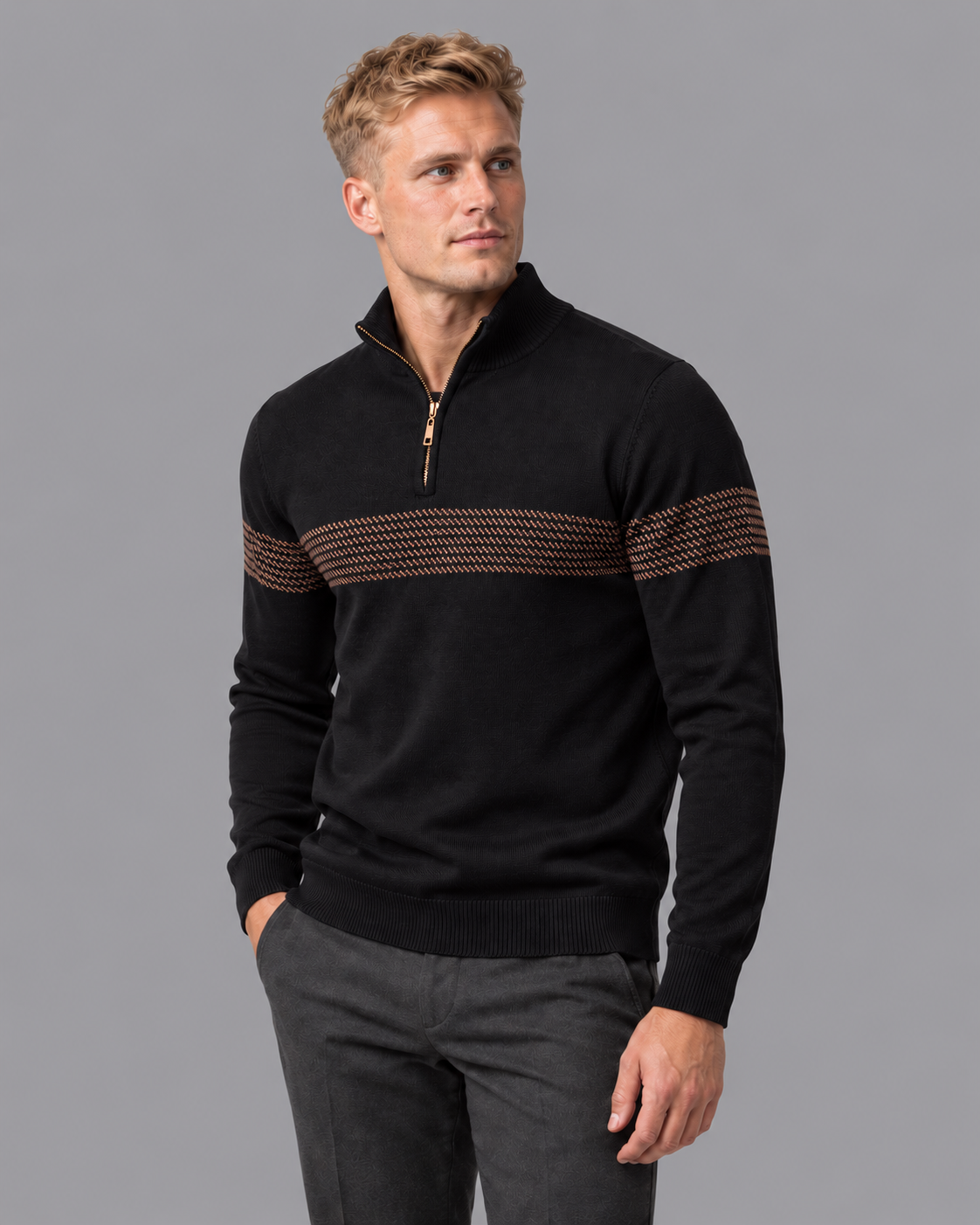Men's Quarter Zip Jumper - Chevron Stripe Stand Collar Regular Fit