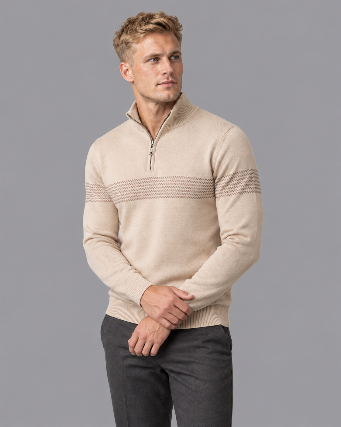Men's Quarter Zip Jumper - Chevron Stripe Stand Collar Regular Fit
