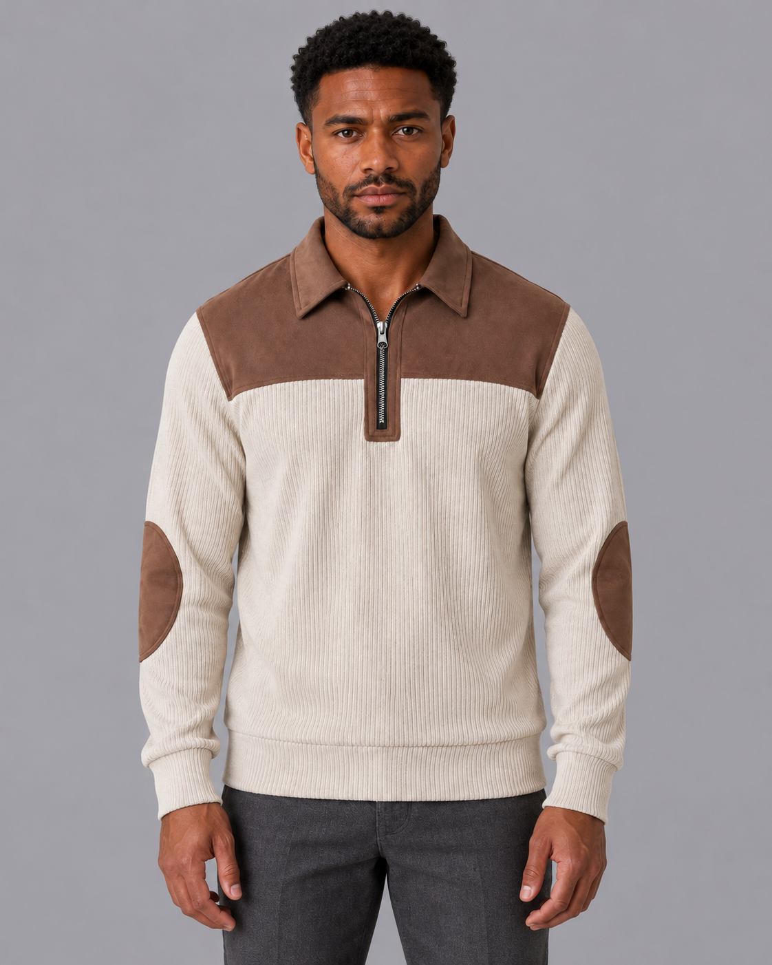 Men's Quarter Zip Jumper - Elbow Patch Ribbed Knit Contrast Collar
