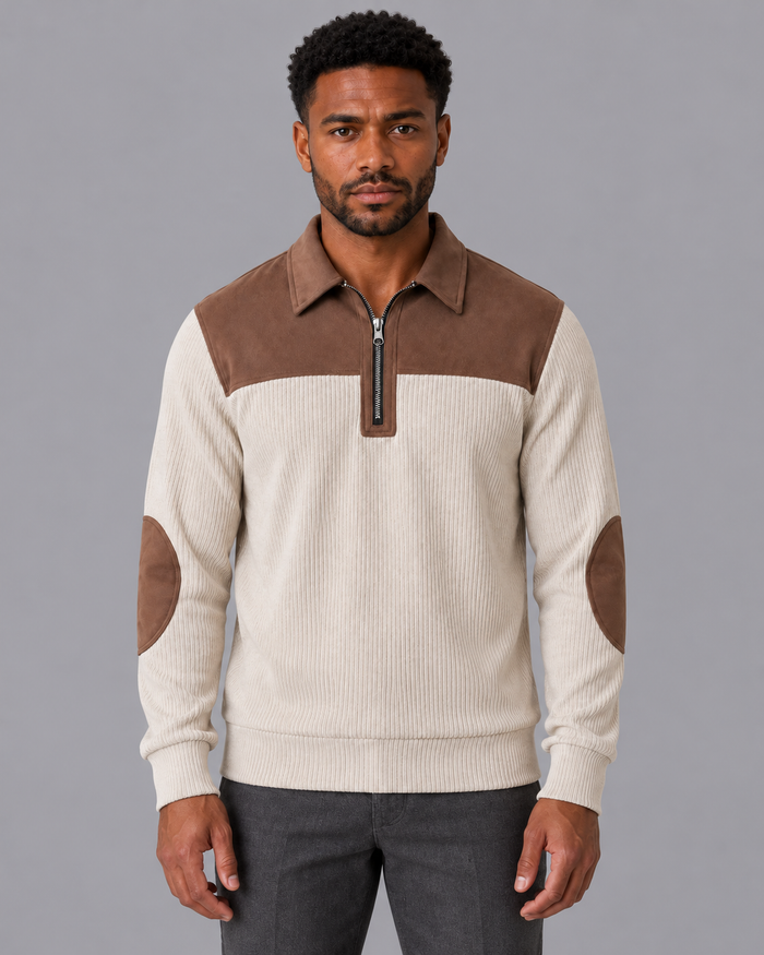 Men's Quarter Zip Jumper - Elbow Patch Ribbed Knit Contrast Collar