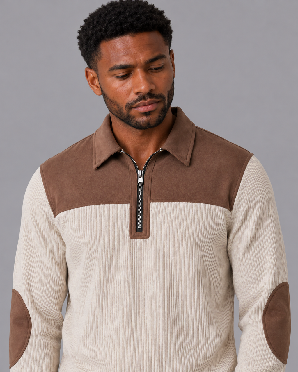Men's Quarter Zip Jumper - Elbow Patch Ribbed Knit Contrast Collar