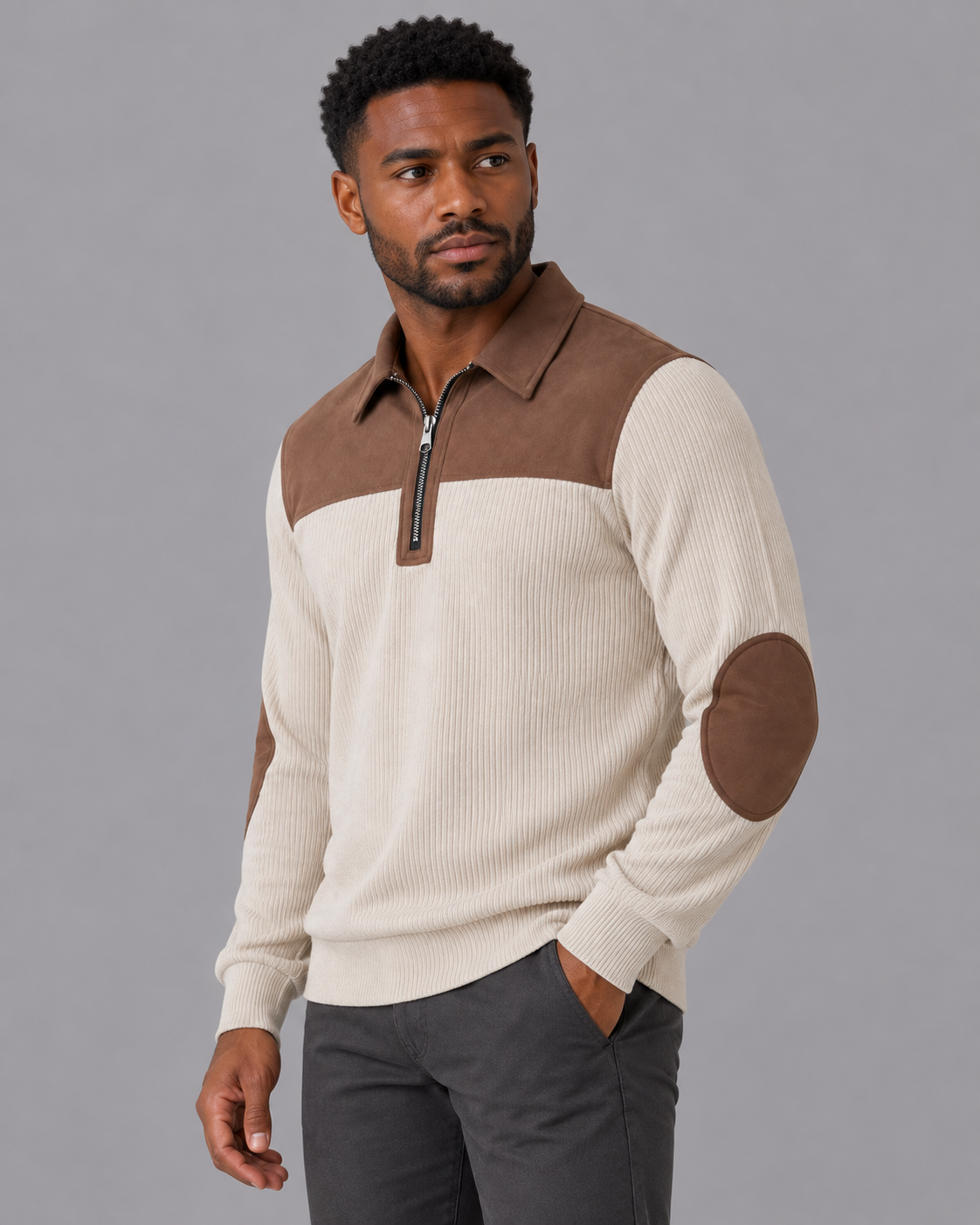Men's Quarter Zip Jumper - Elbow Patch Ribbed Knit Contrast Collar