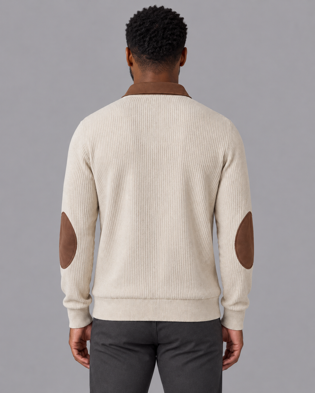 Men's Quarter Zip Jumper - Elbow Patch Ribbed Knit Contrast Collar