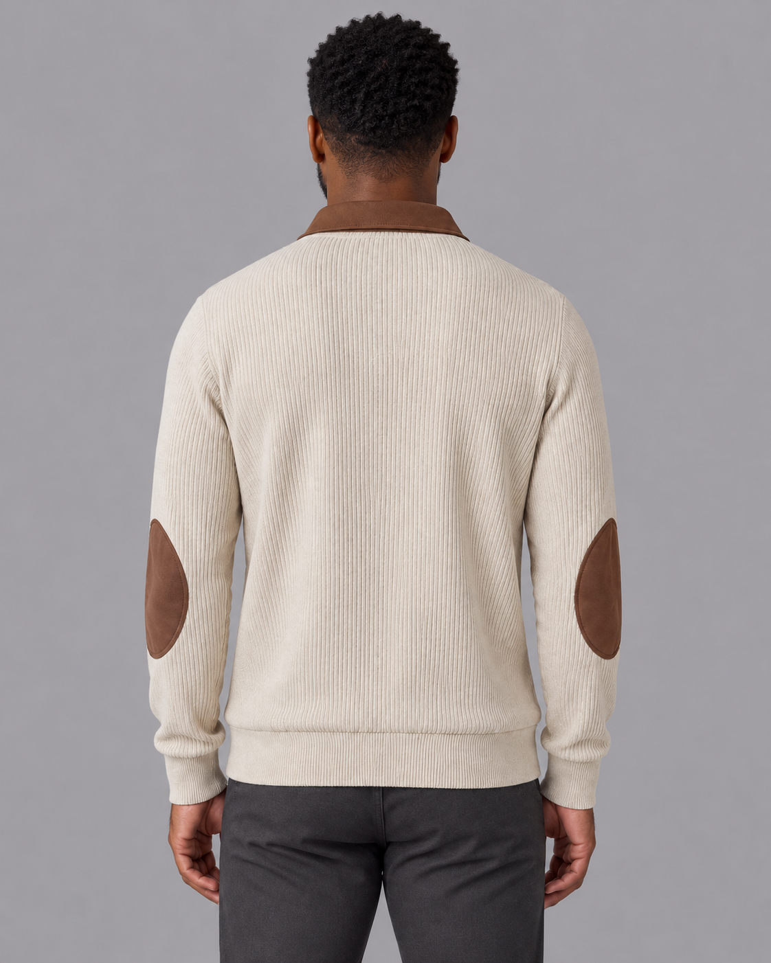 Men's Quarter Zip Jumper - Elbow Patch Ribbed Knit Contrast Collar