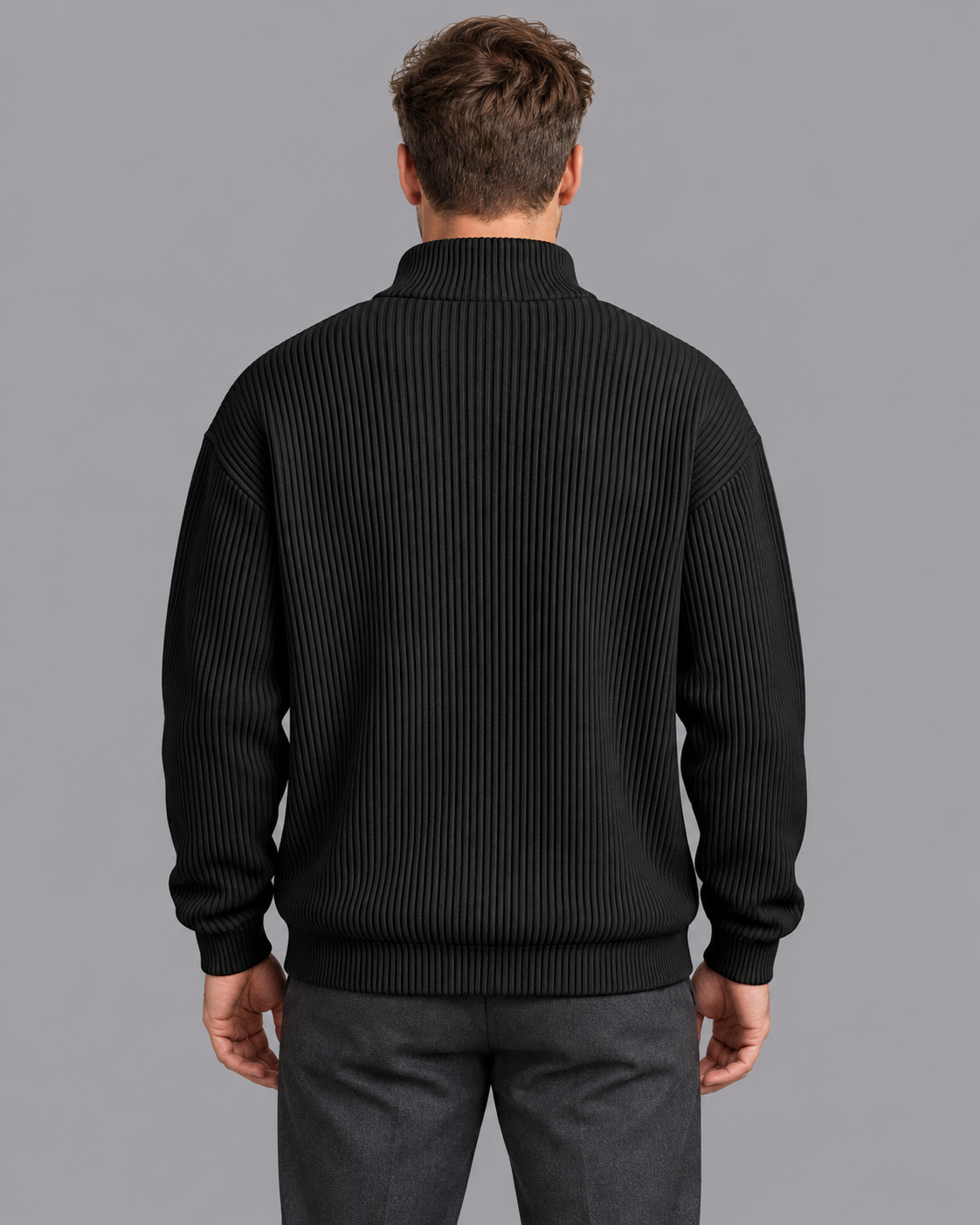 Men's Quarter Zip Jumper - Ribbed Knit Stand Collar Relaxed Fit