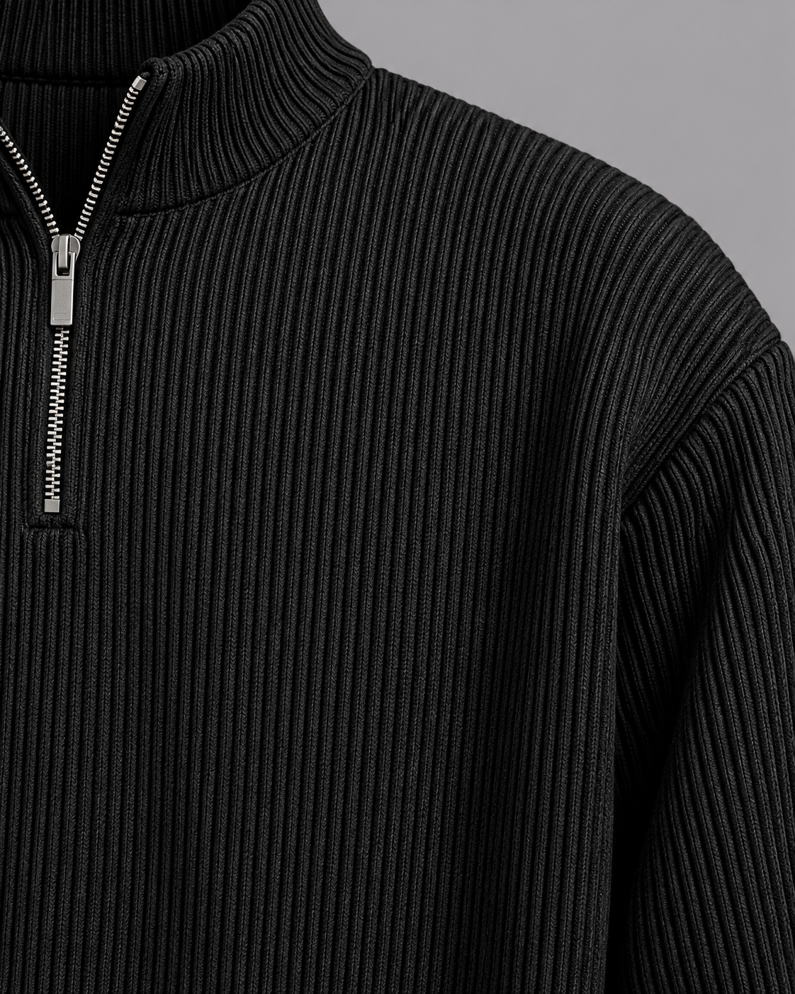 Men's Quarter Zip Jumper - Ribbed Knit Stand Collar Relaxed Fit