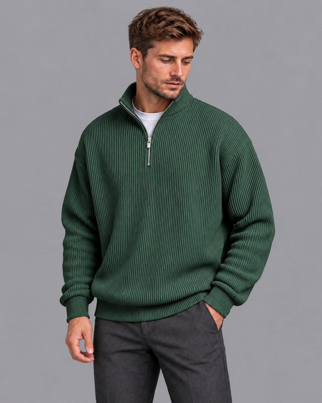 Men's Quarter Zip Jumper - Ribbed Knit Stand Collar Relaxed Fit