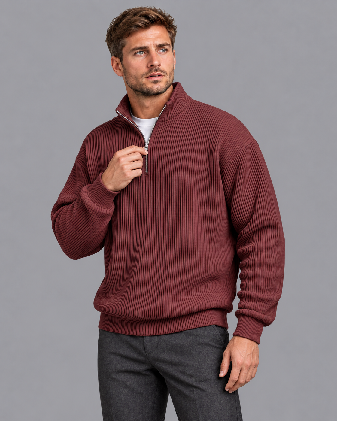 Men's Quarter Zip Jumper - Ribbed Knit Stand Collar Relaxed Fit