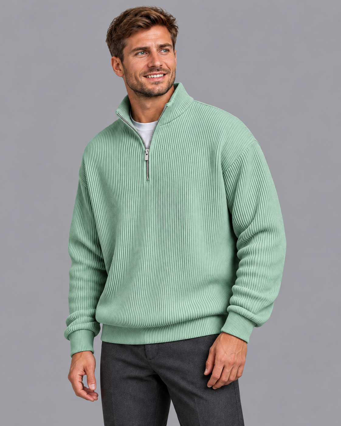 Men's Quarter Zip Jumper - Ribbed Knit Stand Collar Relaxed Fit