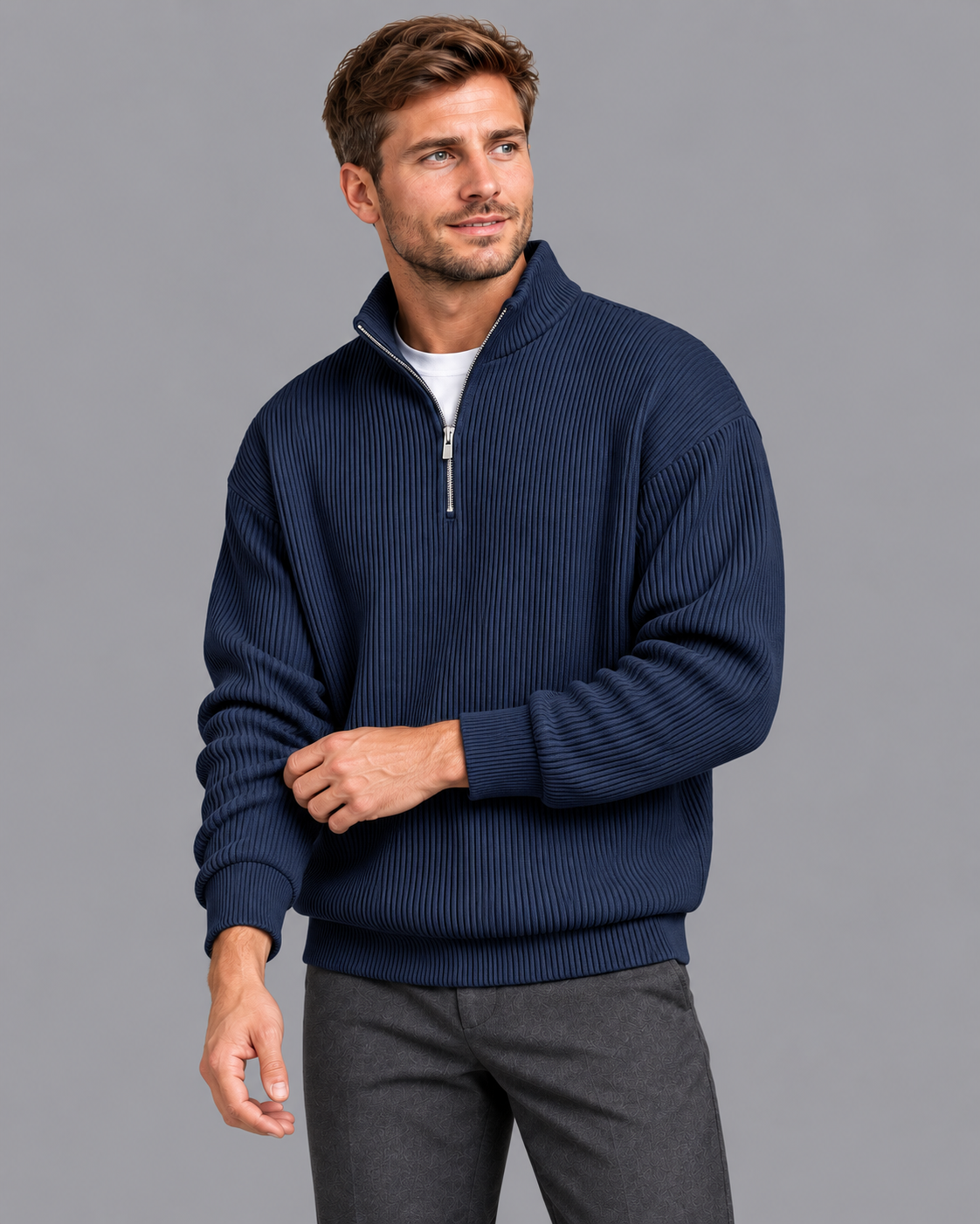 Men's Quarter Zip Jumper - Ribbed Knit Stand Collar Relaxed Fit