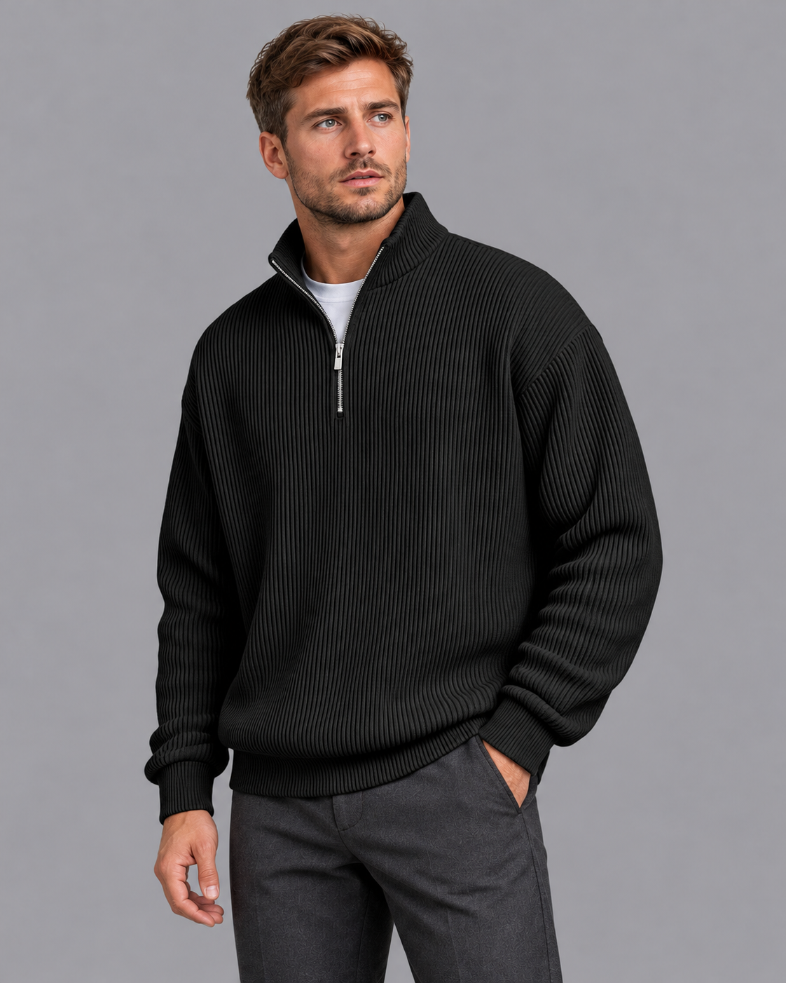 Men's Quarter Zip Jumper - Ribbed Knit Stand Collar Relaxed Fit
